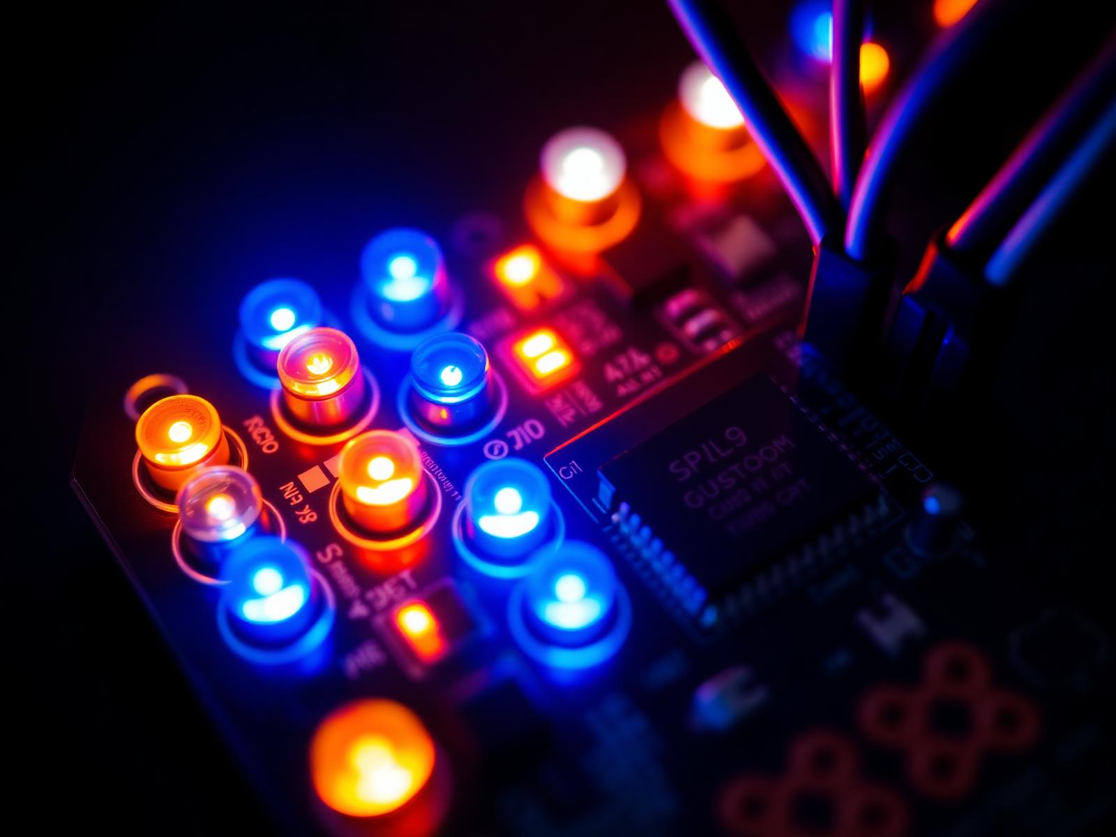 Electronics development board with glowing LEDs and microcontroller